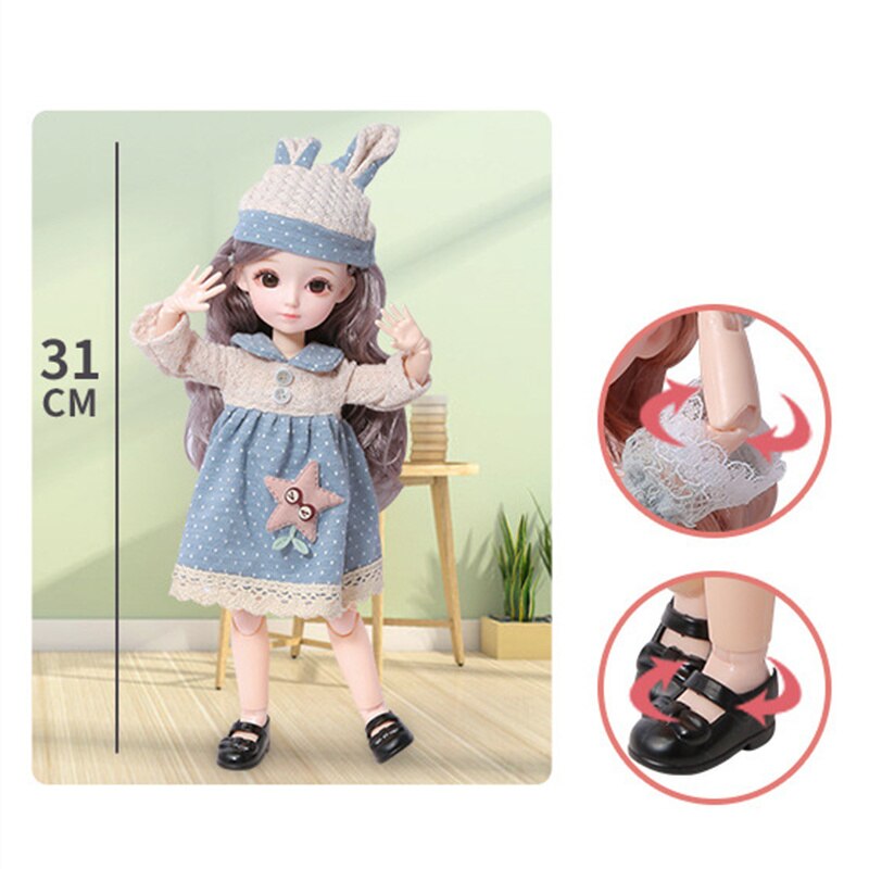 New 12 Inch 22 Movable Joints BJD Doll 31cm 1/6 Makeup Dress Up Cute Brown Blue Eyeball Dolls with Fashion Dress for Girls Toy