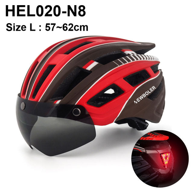 Casco de ciclismo NEWBOLER para hombre y mujer, casco con luz LED, lente para casco de bicicleta de montaña y carretera para montar en bicicleta, deportes, monopatín, Scooter