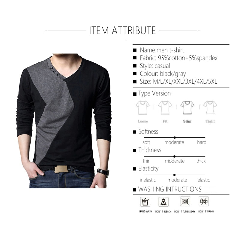 BROWON Brand Autumn Mens T Shirts Fashion 2022 Streetwear Long Sleeve V Neck Color Patchwork Cotton T Shirt Men