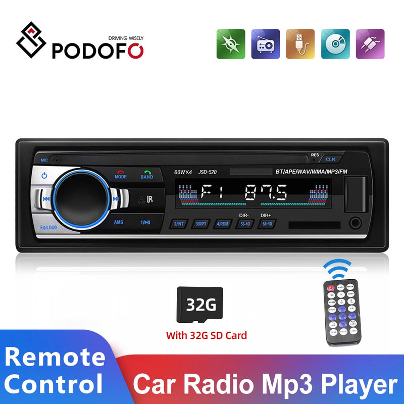 Podofo Car Radio Stereo Player Digital Bluetooth MP3 Player JSD-520 60Wx4 FM Audio Stereo Music USB/SD with In Dash AUX Input