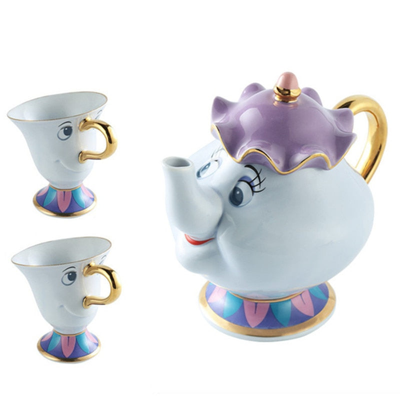 ¡Promoción! Juego de té de La Bella y La Bestia de dibujos animados, tetera Mrs Potts, taza con Chip, azucarero, olla Cogsworth, café, cumpleaños, regalo de Navidad