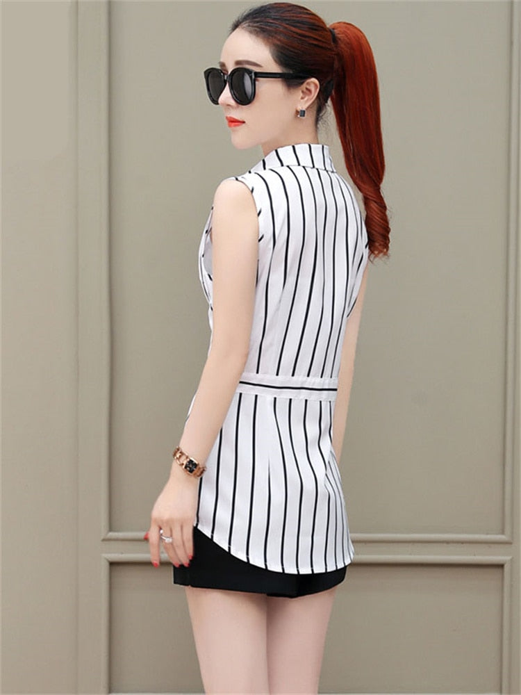 Women Spring Summer Long Style Chiffon Blouses Shirts Lady Casual Sleeveless Striped Turn-down Collar Blusas Tops DF1927