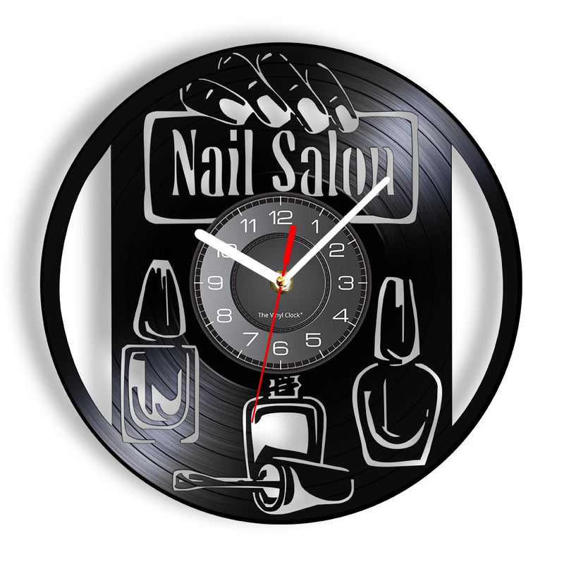 Reloj de pared con diseño de manicura, tienda de belleza a la moda, arte de pared, salón de uñas, disco de vinilo, reloj de pared, belleza de uñas, decoración del hogar, regalo para ella