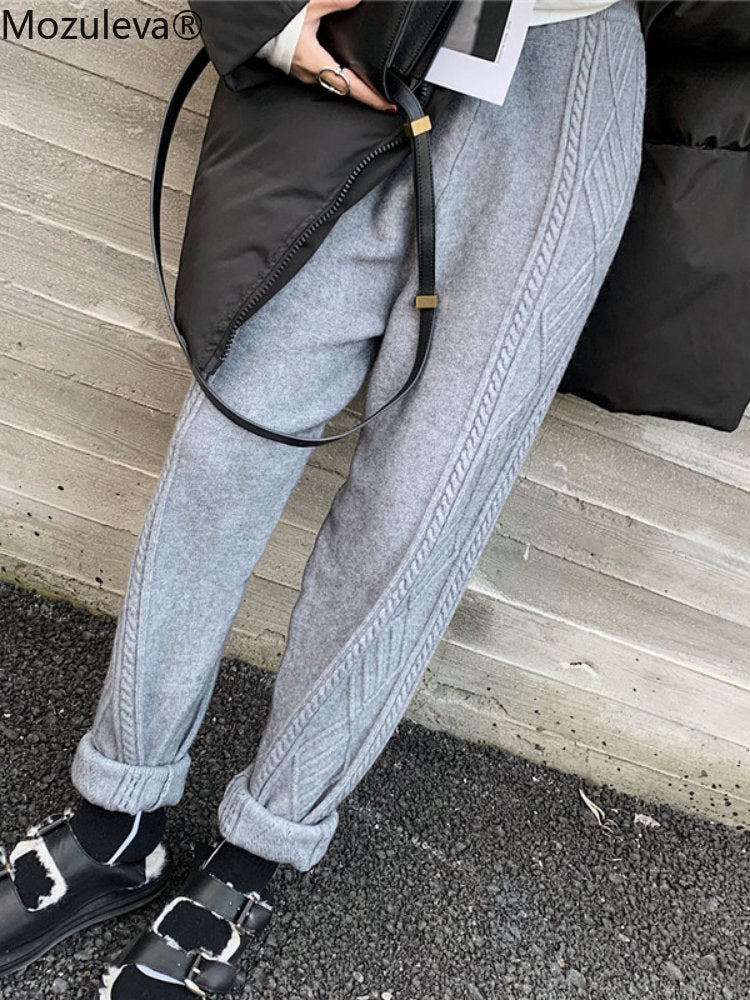 Mozuleva Winter Thicken Women Harem Pants Casual Drawstring Twisted Knitted Pants Femme Chic Warm Female Sweater Trousers 2021