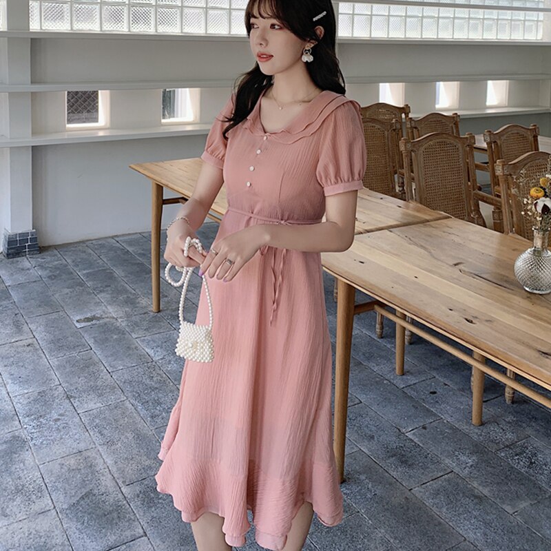 New Fashion Short Sleeve Simple Chiffon Dress for Women Elegant Summer Evening Party Dress Beach Holiday Long Dress Robe 22170