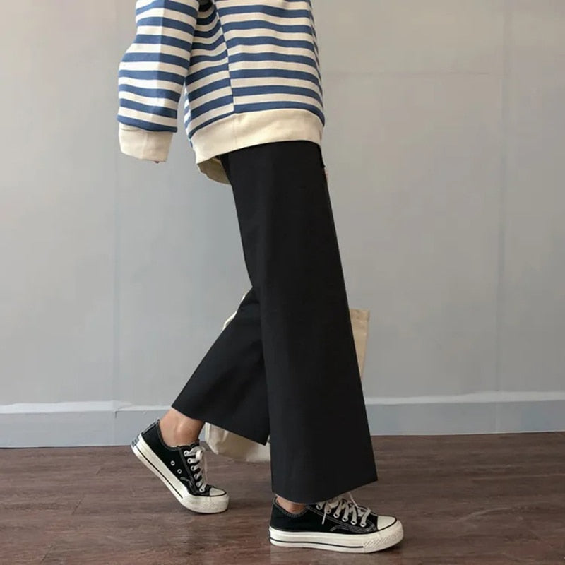 Cusual Pants Women Spring Summer Ankle-length Loose Wide Leg Elastic High Waist Oversize Black Simple Comfortable Elegant Ladies