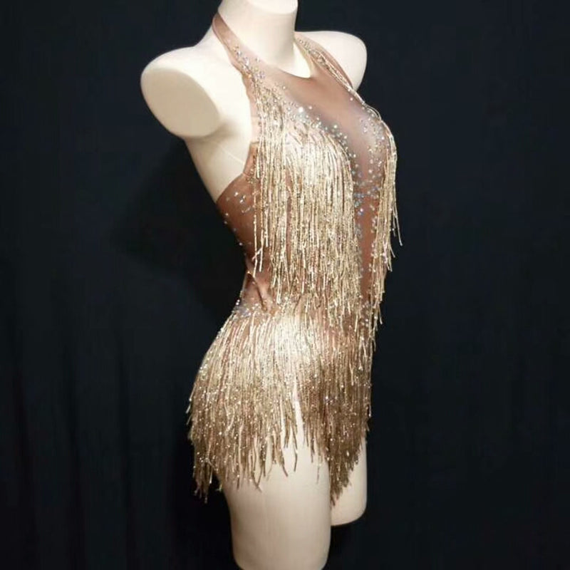 Sparkly Rhinestones Fringes Bodysuit Women Nightclub Outfit Glisten Dance Costume One-piece Dance Wear Singer Stage Leotard