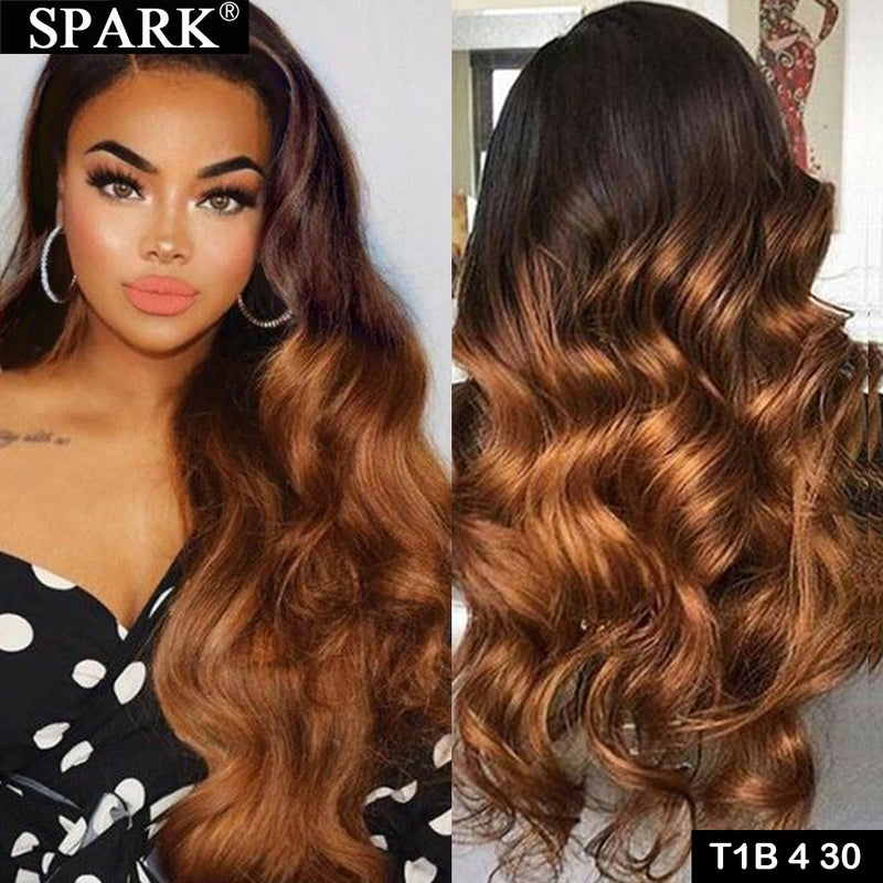 SPARK Ombre Highlight Body Wave 4x4 Lace Closure Wig 30 32Inch 180%Density Brazilian Wavy 13x4Lace Frontal Human Hair Wigs Remy