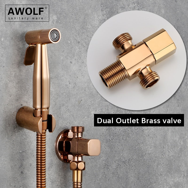 Awolf Rose Gold Hygienic Shower Head Handheld Toilet Bidet Sprayer Set Stainless Steel Shattaf Brass Valve Anal Shower AP2102