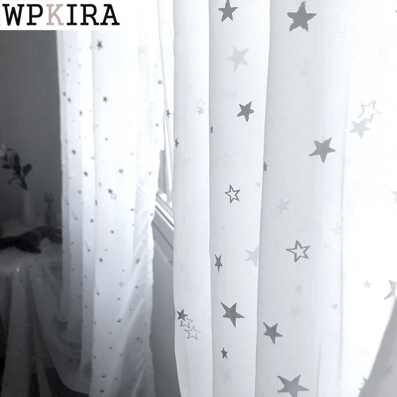 White Shiny Sliver Stars Tulle Curtains For Kids Room Modern Cute All-Match Voile Window Treatment Sheers for Living Room WP234C