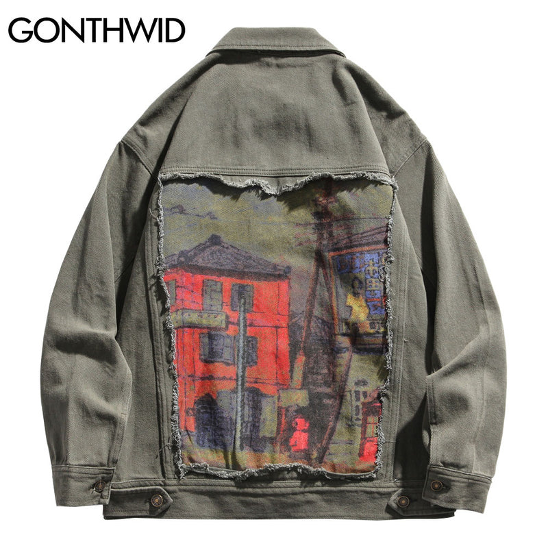 GONTHWID Hip Hop Denim Jacket Streetwear Mens Vintage Painting Ripped Jean Coats 2023 Harajuku Autumn Cotton Jackets Green Khaki