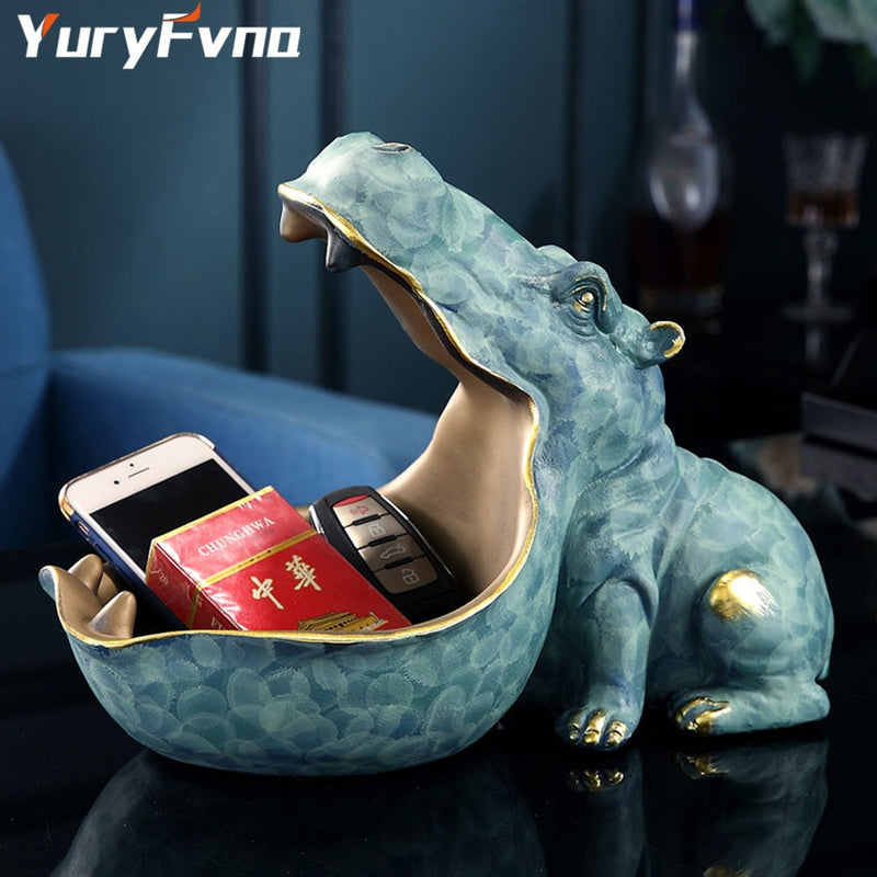 YuryFvna Hippo Statue Resin Hippopotamus Figurine Sculpture Sundries Key Candy Container Home Table Office Decoration Gift