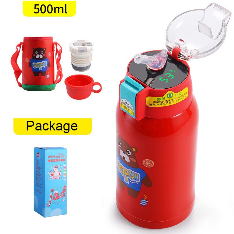 500 ml Cartoon Smart Temperaturanzeige Thermosbecher Tragbare Pressstroh Stil Wasserflasche Hält 24 Stunden warm und kalt für Babys
