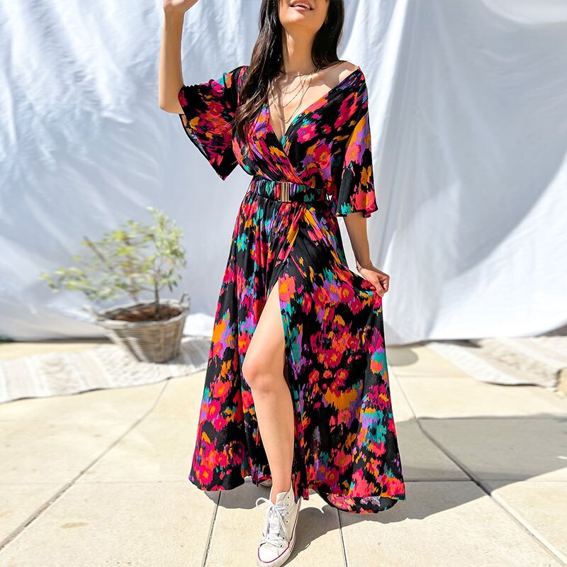 2023 Boho Floral Printed V-neck Short Sleeve Self Belted Cotton Dress Tunic Women Summer Clothes Street Wear Maxi Dresses A1341