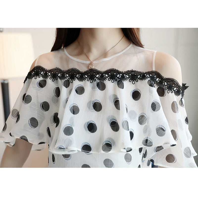 Fashion Women Tops and Blouses 2023 Short Sleeve Ladies Tops Polka Dot Chiffon White Blouse Shirt Blusas Feminine Blouses 0611