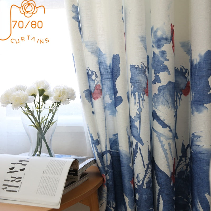 Chinese Style Light Luxury Ink Lotus Printed Cotton and Linen Curtains for Living Room Bedroom Dining Room Partition Curtain
