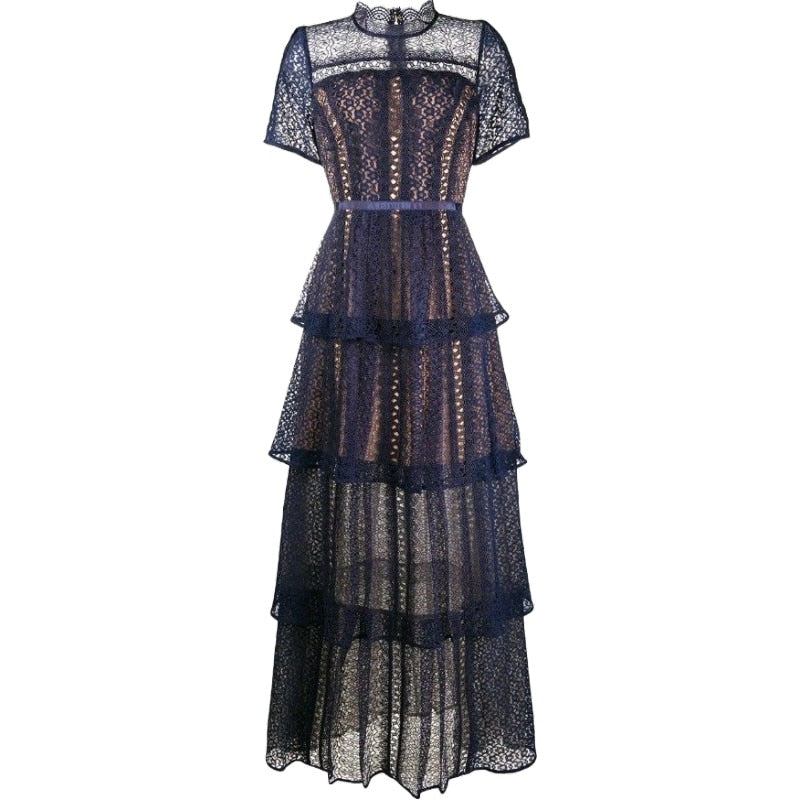 Maxikleider für Frauen 2022 New Summer Dark Blue Exquisite Lace Stitching Short Sleeve Multi-Layer Cake Dress Slimming Dress