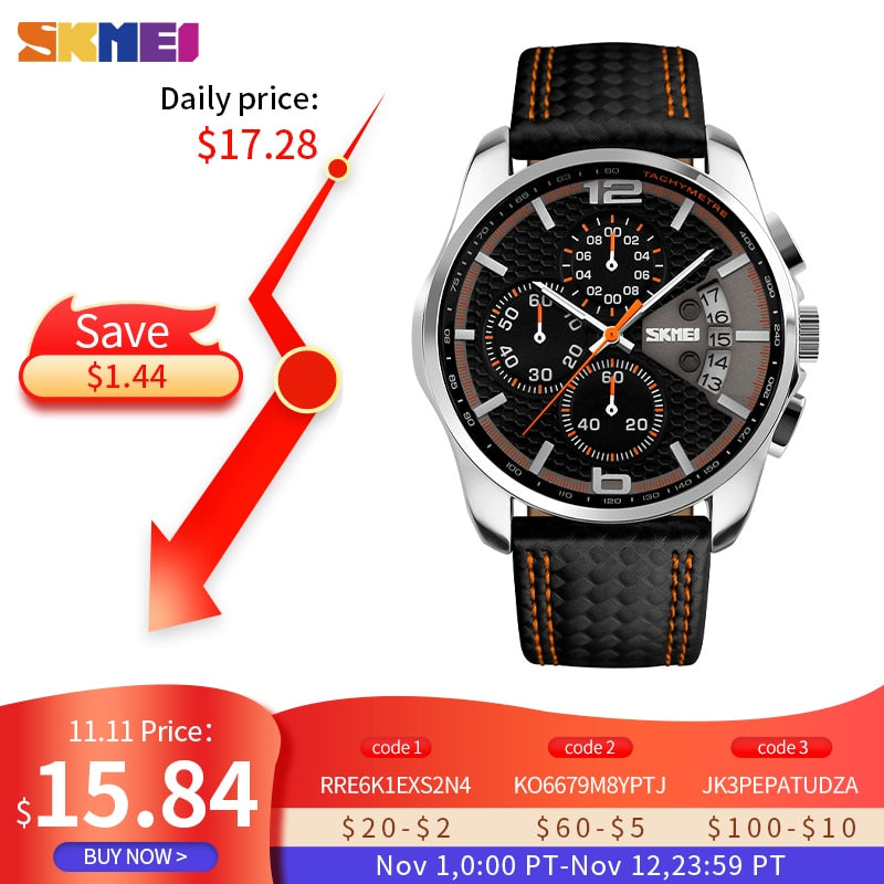 SKMEI Fashion Sport Mens Watches Top Brand Luxury Leather Strap 5Bar Waterproof Quartz Wristwatches Relogio Masculino 9106