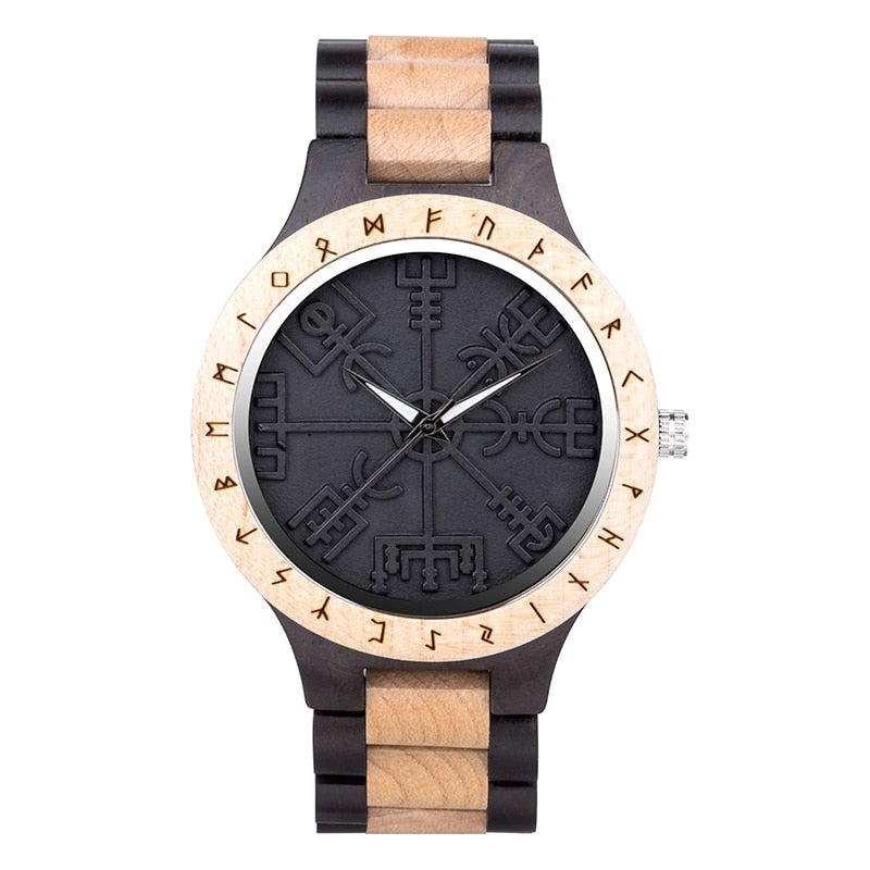 Handmade BOBO BIRD Wooden Watches Man Women Runic Circle Watch with Golden Helm of Awe Vegvisir Quartz Wristwatch Male