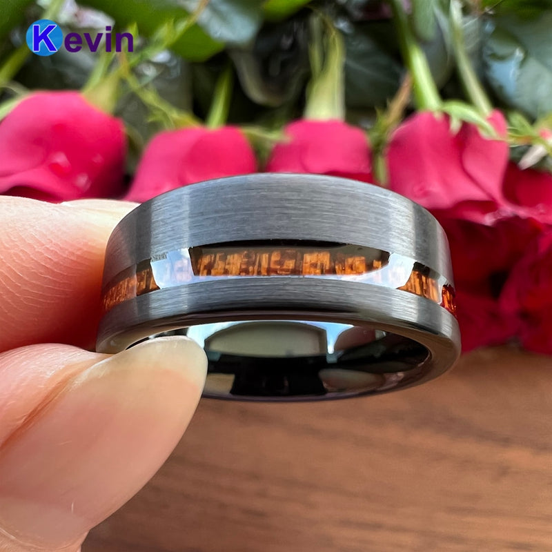 Classic Wood Ring Black Tungsten Wedding Band For Men And Women With Offset Groove Real Wood Inlay 8MM Comfort Fit