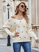 Fitshinling V Neck Embroidery Heart Sweater Women Pullover Knitwear Korean Style Kawaii Jumper Winter Casual Sweaters Tops Sale