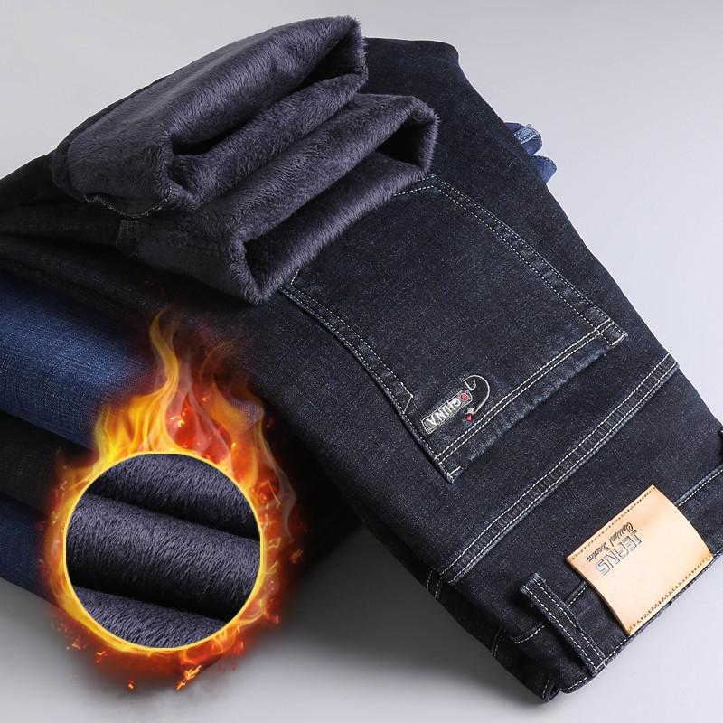 Pantalones vaqueros elásticos de franela cálidos térmicos de invierno para hombre, pantalones de lana de marca famosa de calidad, pantalones rectos flocados para hombre, pantalones vaqueros para hombre