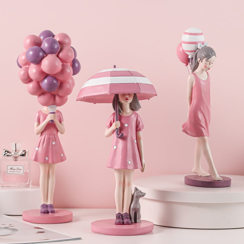 Figuritas modernas de niña con globo a la moda, niñas dulces rosas para decoración de habitación, regalo de cumpleaños distintivo elegante para niña, decoración Interior del hogar