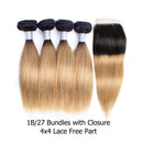 50g/pc 4 Bundles with Closure Transparent Lace Ombre Blonde Brown Free Part Straight Remy Human Hair Short Bob Style