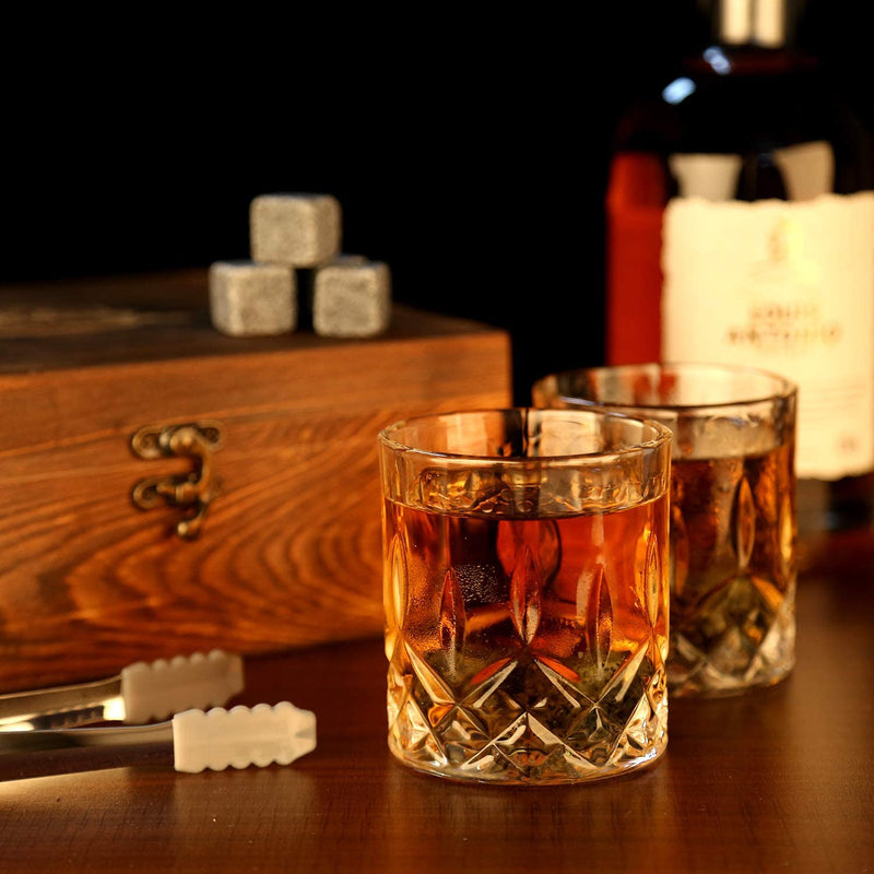 Juego de vasos y piedras para whisky, cubo de hielo de granito para whisky, rocas para enfriar whisky en caja de madera, el mejor regalo para papá, marido y hombre