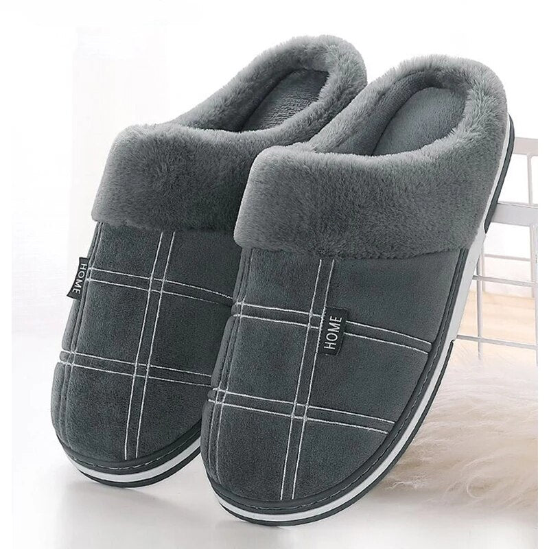 Large size 50/51 Home slippers men Gingham cotton slippers indoor winter warm plush non-slip thick-soled Soft Slippers male