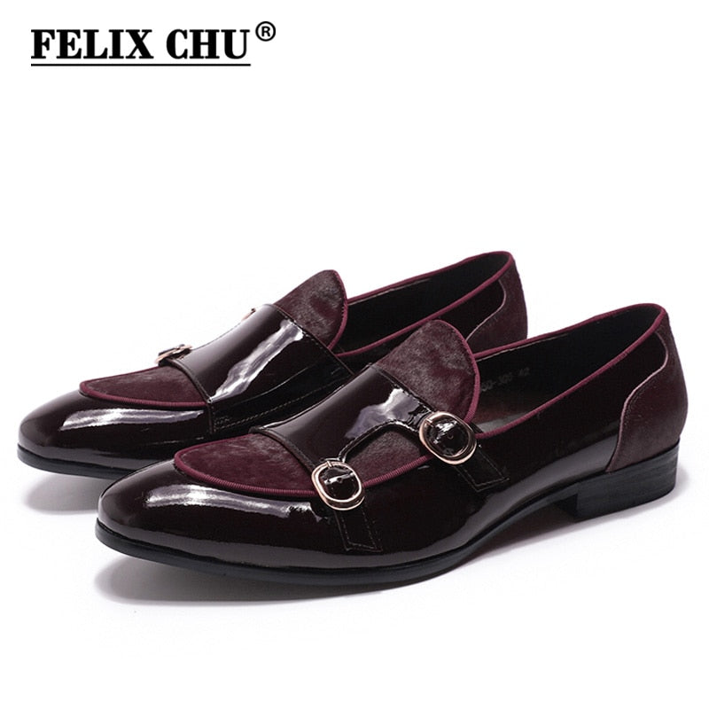 Mocasines de boda para hombre FELIX CHU, zapatos de vestir de fiesta para caballeros, zapatos de charol con pelo de caballo, zapatos formales informales con correa de monje para hombres