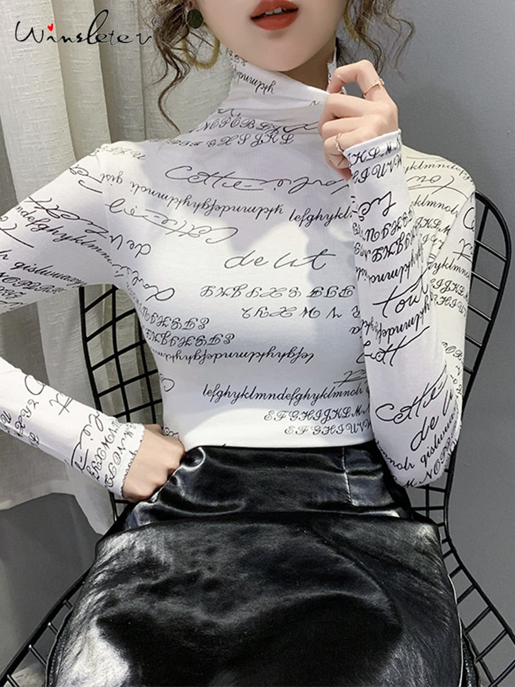 Fast Ship Vintage Print Tops Letters Doodle T-shirt Women Turtleneck Long Sleeve Slim Stretchy Tee Casual Women Clothing Spring