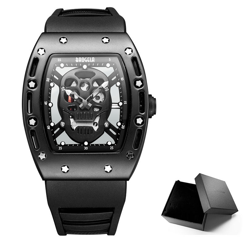 Baogela Fashion Mens Skeleton Skull Luminous Quartz Watches Military Style Black Silicone Rectangle Dial Wristwatch for Man1612