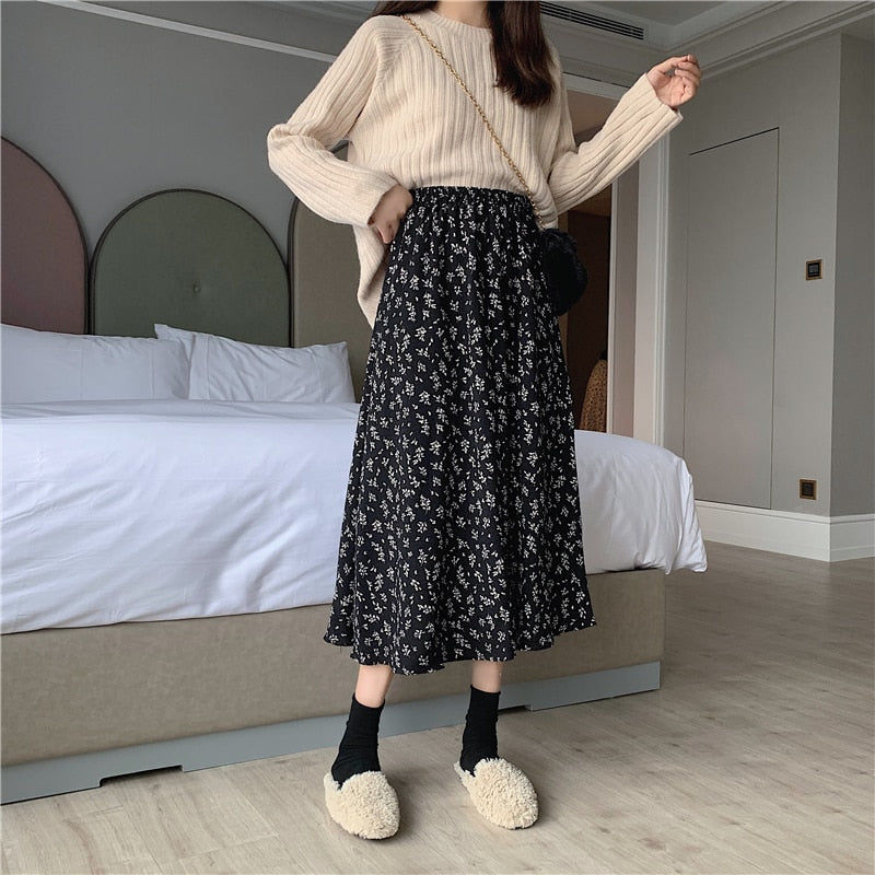 2023 Spring Vintage Floral Print Ruffle Pleated Long Skirts Women Korean Skirt Streetwear Drawstring Elastic Waist Midi Skirt