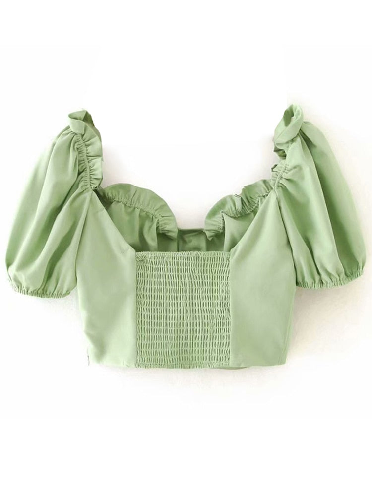 Aachoae Cotton Linen Cropped Blouses Women Chic Ruffle Short Sleeve Green Tops Sweet V Neck Solid Casual Blouse Shirt Blusas