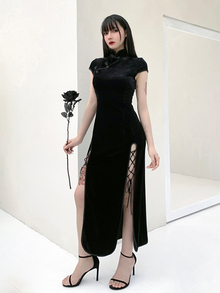 InsGoth Retro Cheongsam Schwarzes Kleid Gothic High Waist Bandage Patchwork Midikleid Frauen Elegantes, figurbetontes, kurzärmliges Partykleid