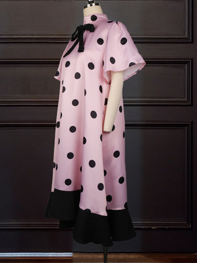 Frauen Rosa Kleid Polka Dot mit Fliege Schöne Lose Prinzessin Party Rüschen Patchwork Kurzarm Afrikanische Frau Niedlich Vestidos