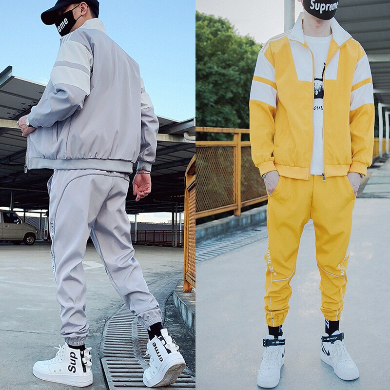 2023 Hip Hop Workwear jacket Mens Tracksuit Jacket+Pants 2PC Sets baseball loose Zipper Ribbons Coat &amp; Long Pants Mens Clothes