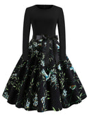 Winter Christmas Dresses Women 50S 60S Vintage Robe Swing Pinup Elegant Party Dress Long Sleeve Casual Print Black