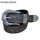 RAINIE SEAN Men's Waist Belt Jeans Genuine Leather Embossed Pin Belt Burgundy Vintage Male High Quality Real Cow Leather Belts