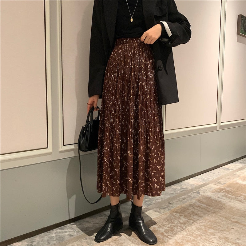 2023 Spring Vintage Floral Print Ruffle Pleated Long Skirts Women Korean Skirt Streetwear Drawstring Elastic Waist Midi Skirt