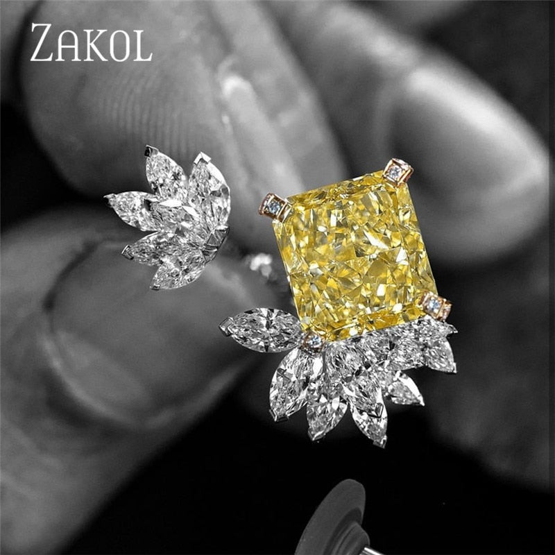 ZAKOL moda amarillo cuadrado AAA Cubic Zirconia anillo ajustable para mujer hoja nupcial vestido de fiesta de boda joyería FSRP2109