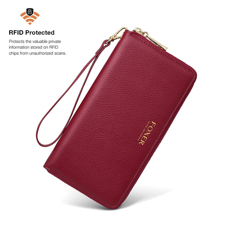 FOXER Women Split Cow Leather Long Wallet Ladies Luxury Card Holder Slot Money Bag Cowhide Phone Bag Simple Purse Female ID Case