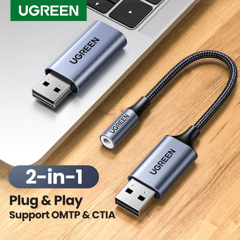 UGREEN Sound Card 2-in-1 USB Audio Interface External 3.5mm Audio Adapter Soundcard for Laptop PS4 Headset USB Sound Card