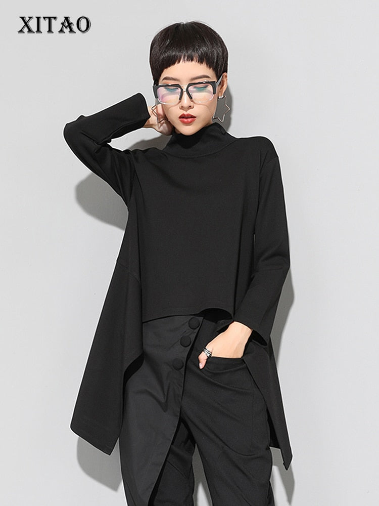 XITAO Vintage Schwarz Rollkragen T Shirt Frauen Kawaii Casual Langarm Unregelmäßige Tops Koreanische Kleidung Neue ZLL1177