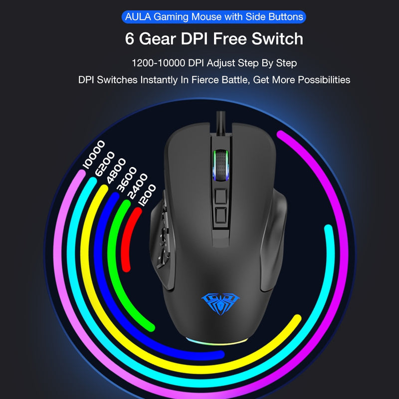 AULA H510 RGB Gaming Mouse 10000 DPI Side Buttons Marco Progrommable Egronomic 14 Wire Backlit Game Mice for Laptop