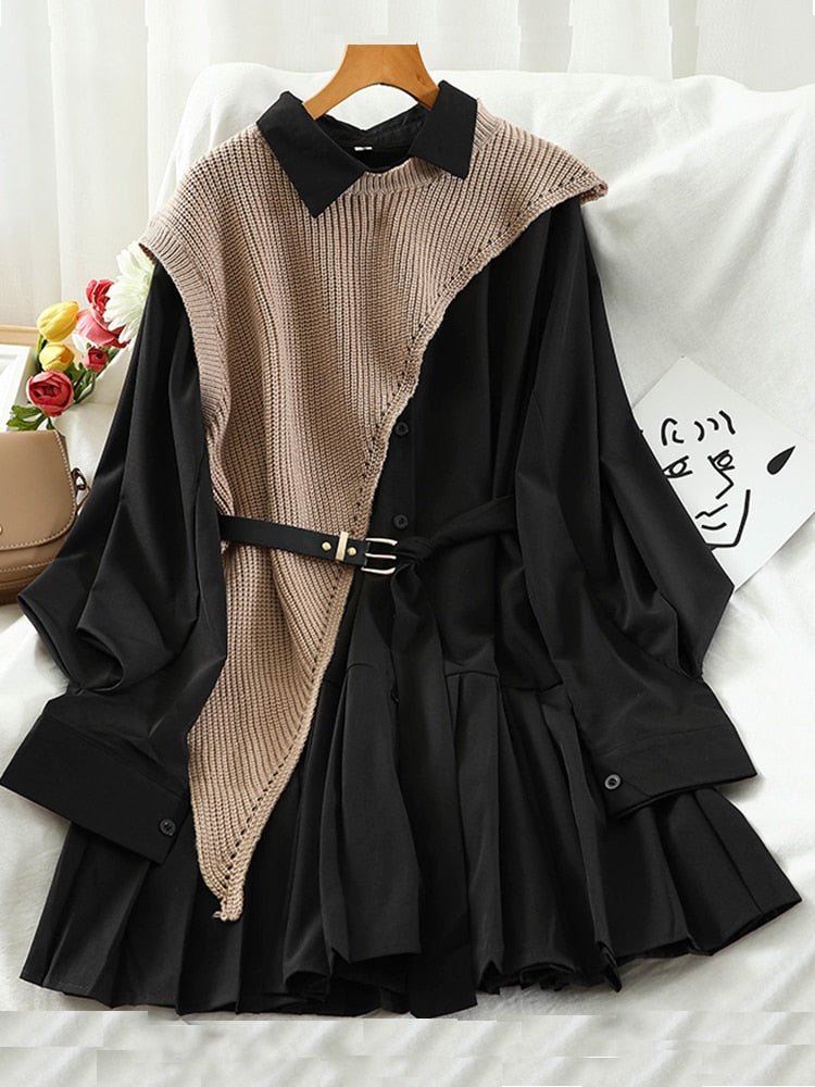 Sweet Suit Women Japan Single Breasted Turn-Down Collar Pleated Dress +Irregular Drawstring Knitted Vest Two Piece Set PL548