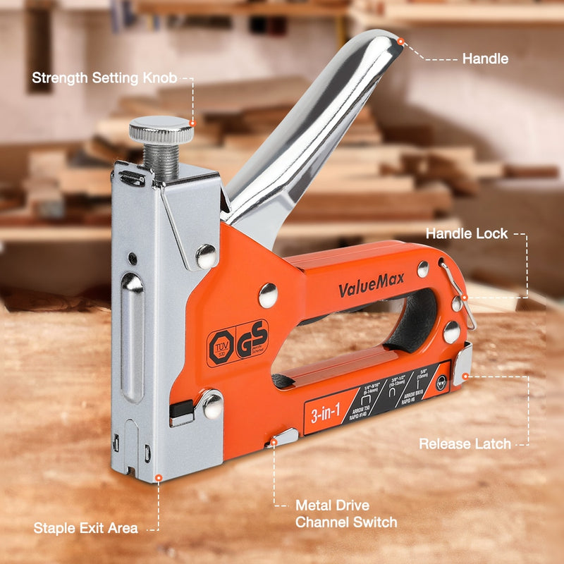 ValueMax Construction Stapler Heavy Duty 3-in-1 Manual Nail Gun With 3000 Staples Upholstery Stapler for Wood Furniture Home DIY