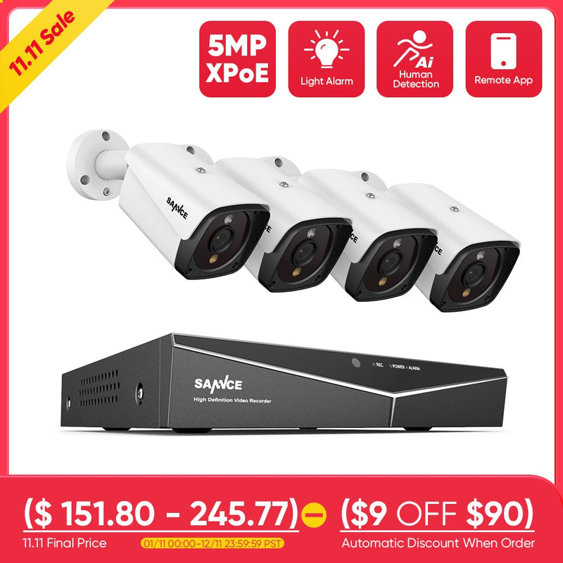 SANNCE 4CH 5MP POE NVR Kit CCTV Sistema de seguridad 5MP IR IP66 Cámara IP impermeable para exteriores Plug &amp; Play Juego de videovigilancia