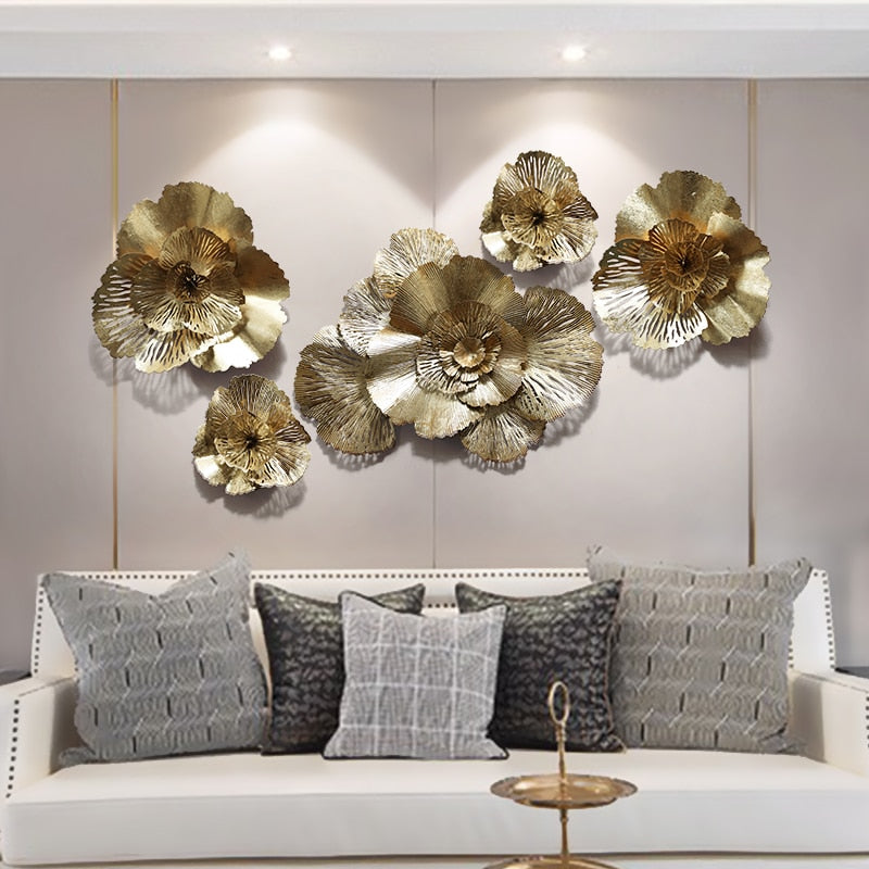 Modern Wrought Iron 3D Gold Flower Wall Mural Decoration Home Livingroom Wall Hanging Crafts Hotel Porch Wall Sticker Ornaments